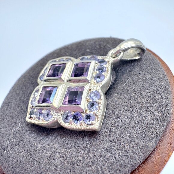 VTG Sterling Silver 925 Amethyst & Blue Cubic Zirconia Pendant Size 1.25" Length - Picture 4 of 10
